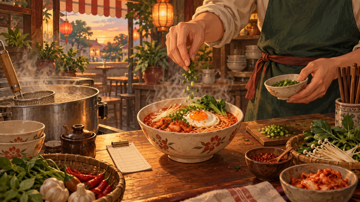 A kimchi noodle bowl being prepared