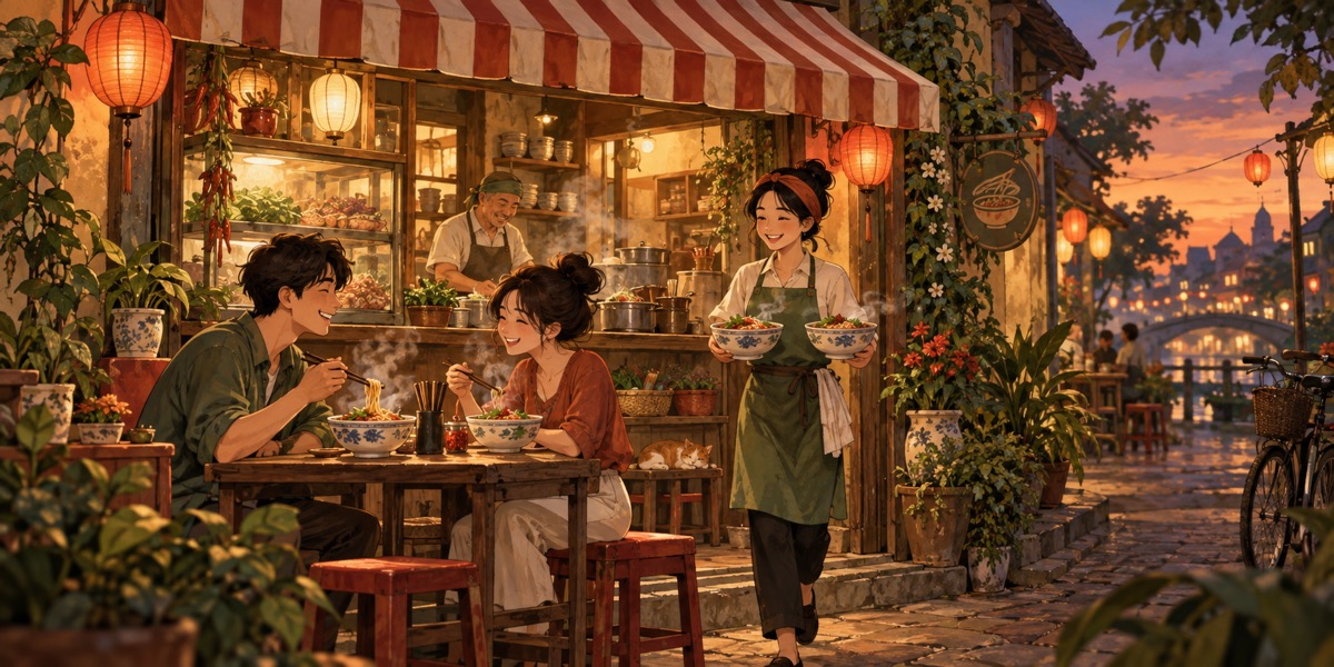 Guests eating noodles in a warmly lit shop