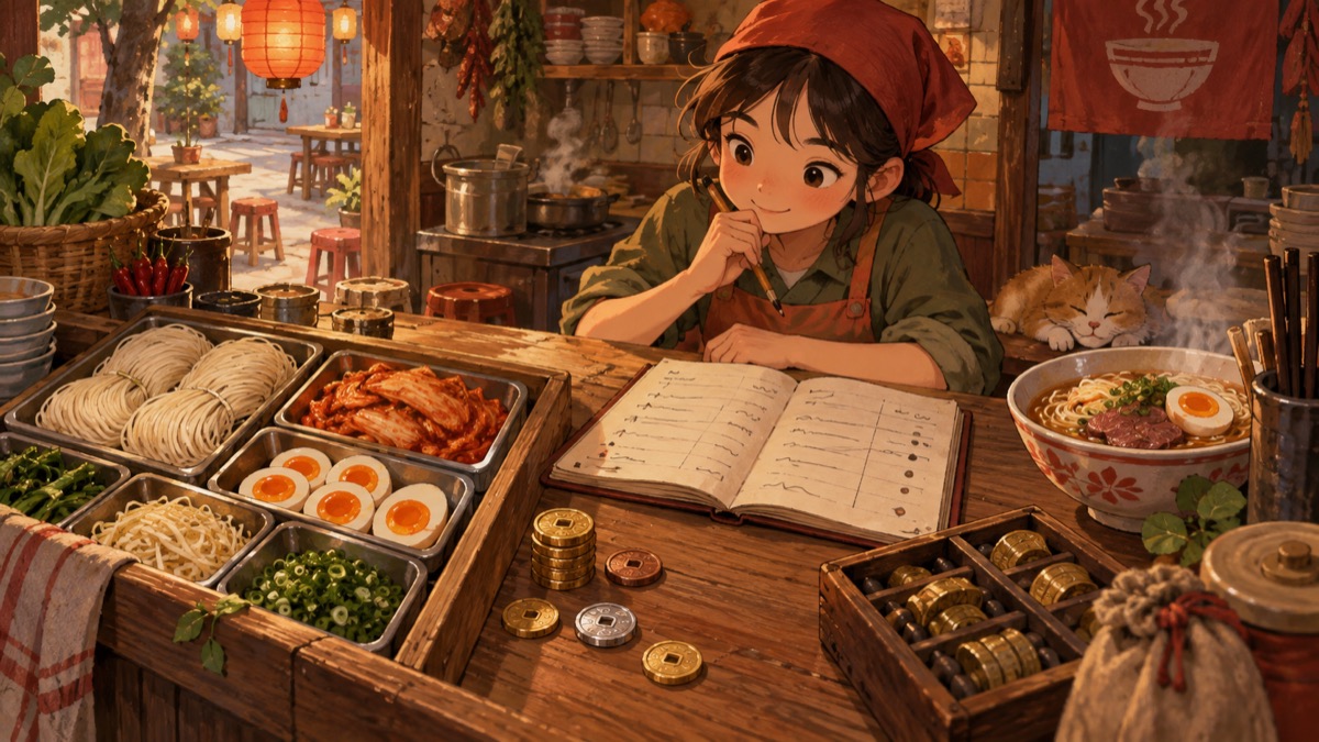 Noodle ingredients and a ledger on the shop counter