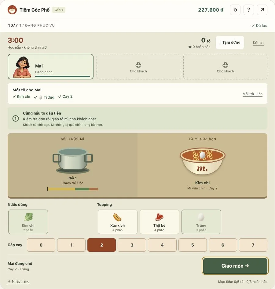 Ảnh chụp game Tiệm Mì Cay: đơn của Mai, tô mì kim chi trứng cấp cay 2, nồi luộc và khay nguyên liệu
